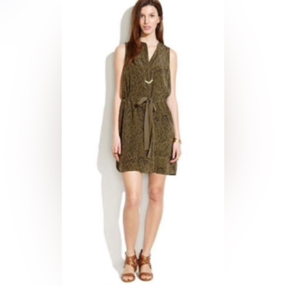 Madewell army, green animal print sleeveless drawstring pocketed dress